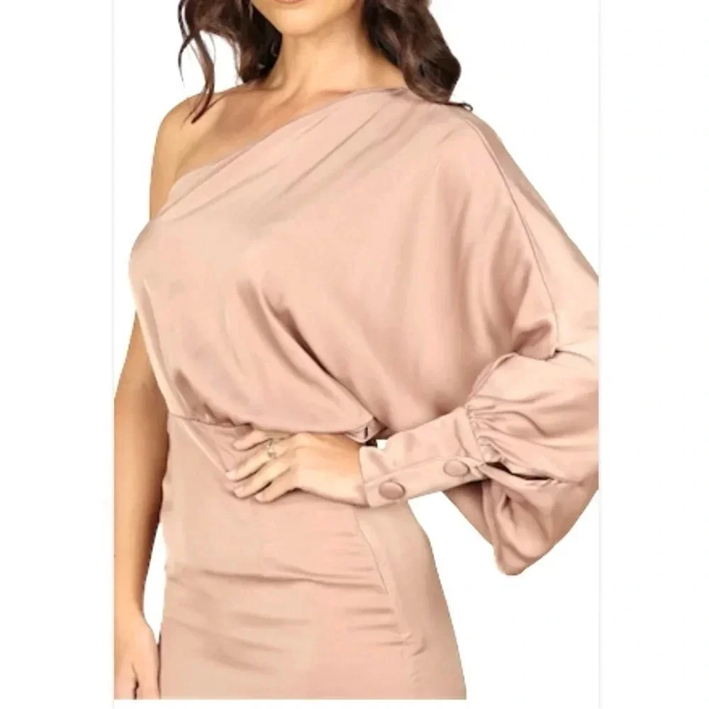 Petal & Pup Womens Regale One Shoulder Drape Midi  Latte Taupe Women’s size XS